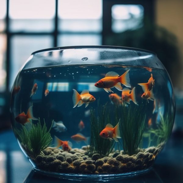 Goldfish swimming in a glass fishbowl underwater generated by artificial intelligence